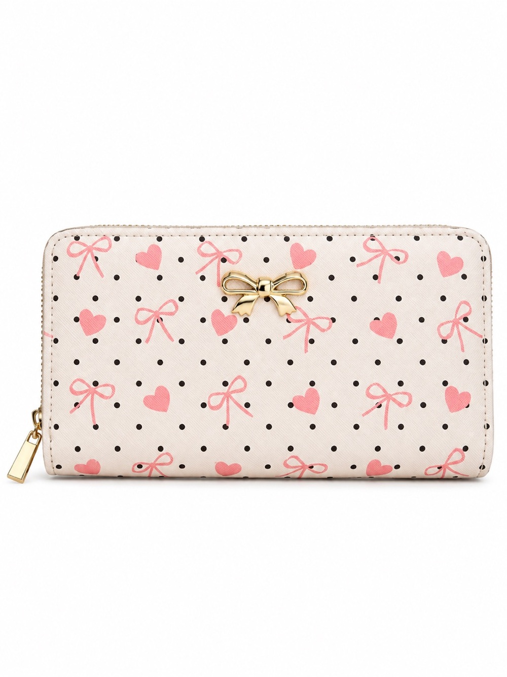 Blush Kiss Bow Hearts and Polka Dots Cream Double Zip-Around Wallet